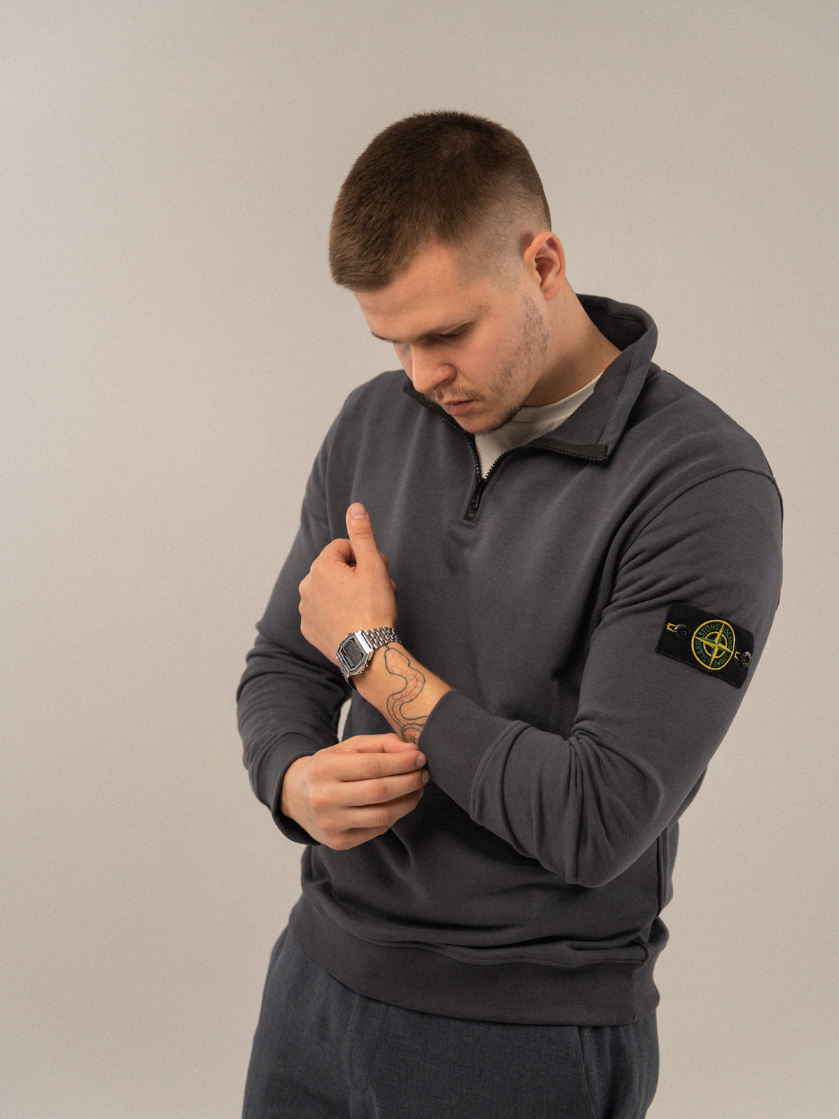 STONE ISLAND 1/3 ZIP CARDIGAN COTTON GREY