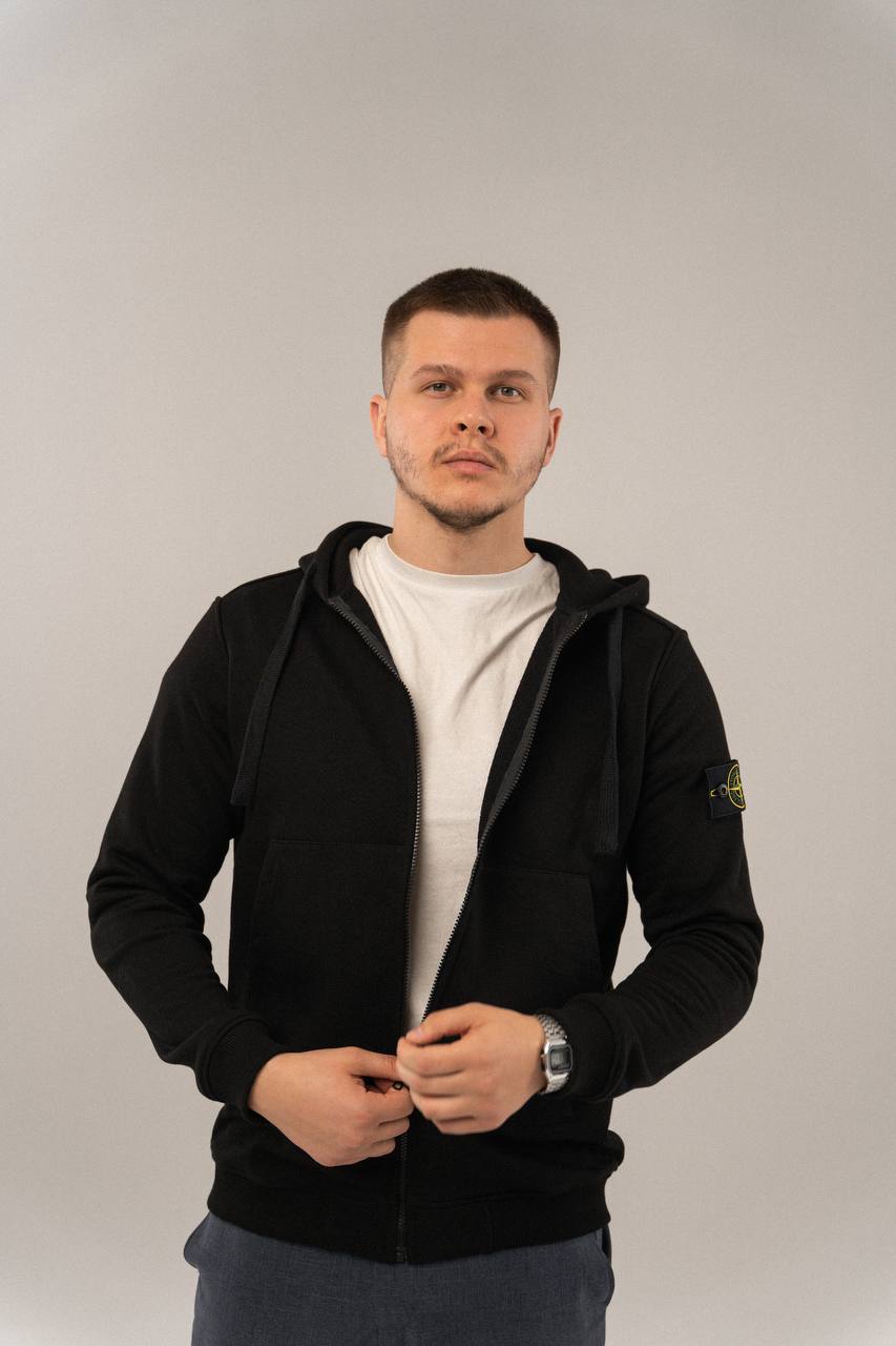 STONE ISLAND ZIP HOODIE COTTON BLACK