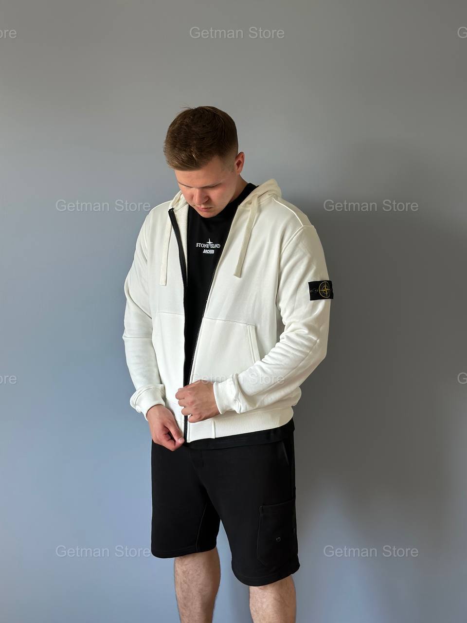 STONE ISLAND ZIP HOODIE COTTON WHITE